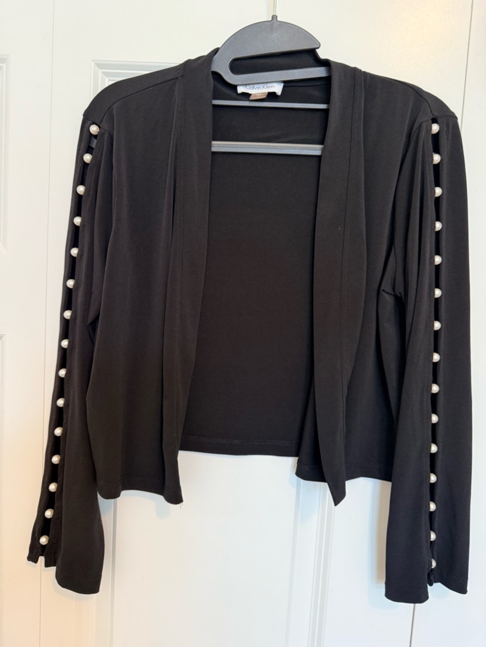 Calvin Klein Black Open-Front Cardigan with Pearl Sleeve Accents